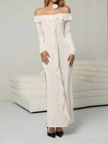 Chiquease Women's Elegant Off-Shoulder Flounce Split Dress Fall Cloth For Women - Apricot - View 3
