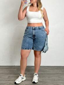 RueChic 100% Cotton Plus Elastic Back Side Snow Wash Denim Short - Light Wash - View 6