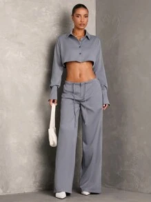 SHEIN BAE Women's Button Cuffed Long Sleeve Cropped Fashionable Elegant And Classy Blouse - Grey - View 3