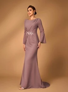 Serin 女士优雅灰粉色雪纺面料连衣裙，圆领，透明长袖，褶饰，亮片贴花装饰，鱼尾下摆，适合婚礼、音乐节、正式派对上的新娘母亲 - 咖啡棕 - 查看 5