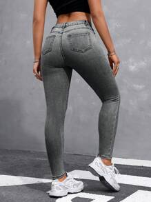 SHEIN Essnce Button Detail Pocket Jeggings - Grey - View 3