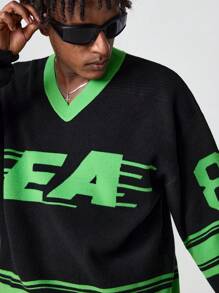 Manfinity EMRG Men's Solid Color Patchwork Letter Print Knit Casual Pullover