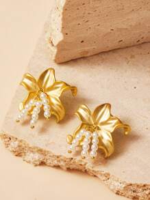 SHEIN Bông tai đính hoa trang trí ngọc trai giả mạ vàng 14k, thích hợp cho mọi dịp - Vàng - Xem 2
