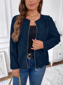 SHEIN Clasi Áo khoác có khóa kéo thông thường đơn giản màu trơn dành cho nữ cỡ lớn - Màu xanh hải quân - Xem 4