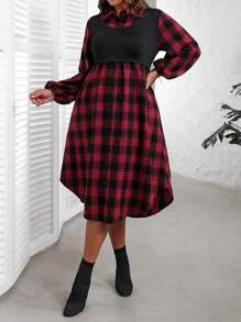 EMERY ROSE 大码圣诞法兰绒女式格子印花领长袖连衣裙，带口袋