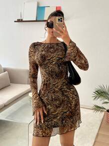 SHEIN EZwear 夏季性感豹纹露背喇叭袖网眼迷你连衣裙 - 棕色 - 查看 2