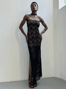 Aloruh Đầm Maxi hở vai ren đen thanh lịch lãng mạn cho kỳ nghỉ dành cho nữ - màu đen - Xem 5