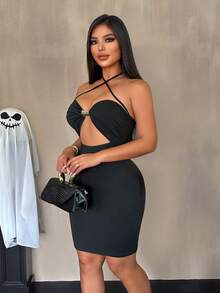 VaVaBold Women's Solid Color Halter Neck Hollow Out Sleeveless Sexy Dress - Black - View 4