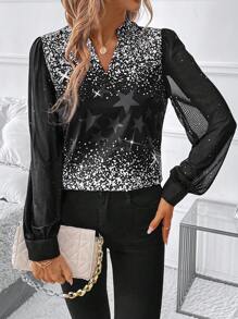 SHEIN Clasi Women Shiny Long Sleeve Blouse, Autumn Black Top - Black - View 6