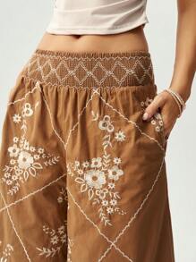 Bohemela Pantalon large et ample à jambe évasée avec décoration brodée pour femmes, adapté aux vacances