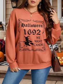 EMERY ROSE Plus Size Crew Neck Long Sleeve Letter & Number Print Fashionable Loose Halloween Fall Sweatshirt Winter Autumn - Orange - View 5