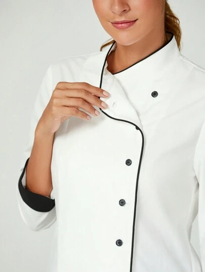 TaskEZ Women's Contrast Color Button-Up Collar Long Sleeve Work Uniform Chef Jacket In 3- 4th Sleeve For Women