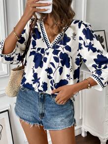 Calvaya Floral Print Women's V-Neck Pullover Mid-Length Casual Shirt