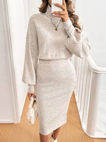 Easowa Women's Casual Solid Color High Neck Split Hem Everyday Knit Dress, Fall/Winter - Apricot - View 8