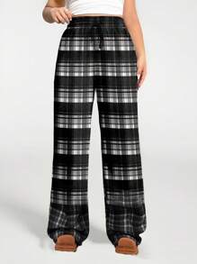 SHEIN EZwear Pantalones sueltos y cálidos de talla grande con estampado a cuadros negro y blanco de estilo casual, aptos para otoño/invierno