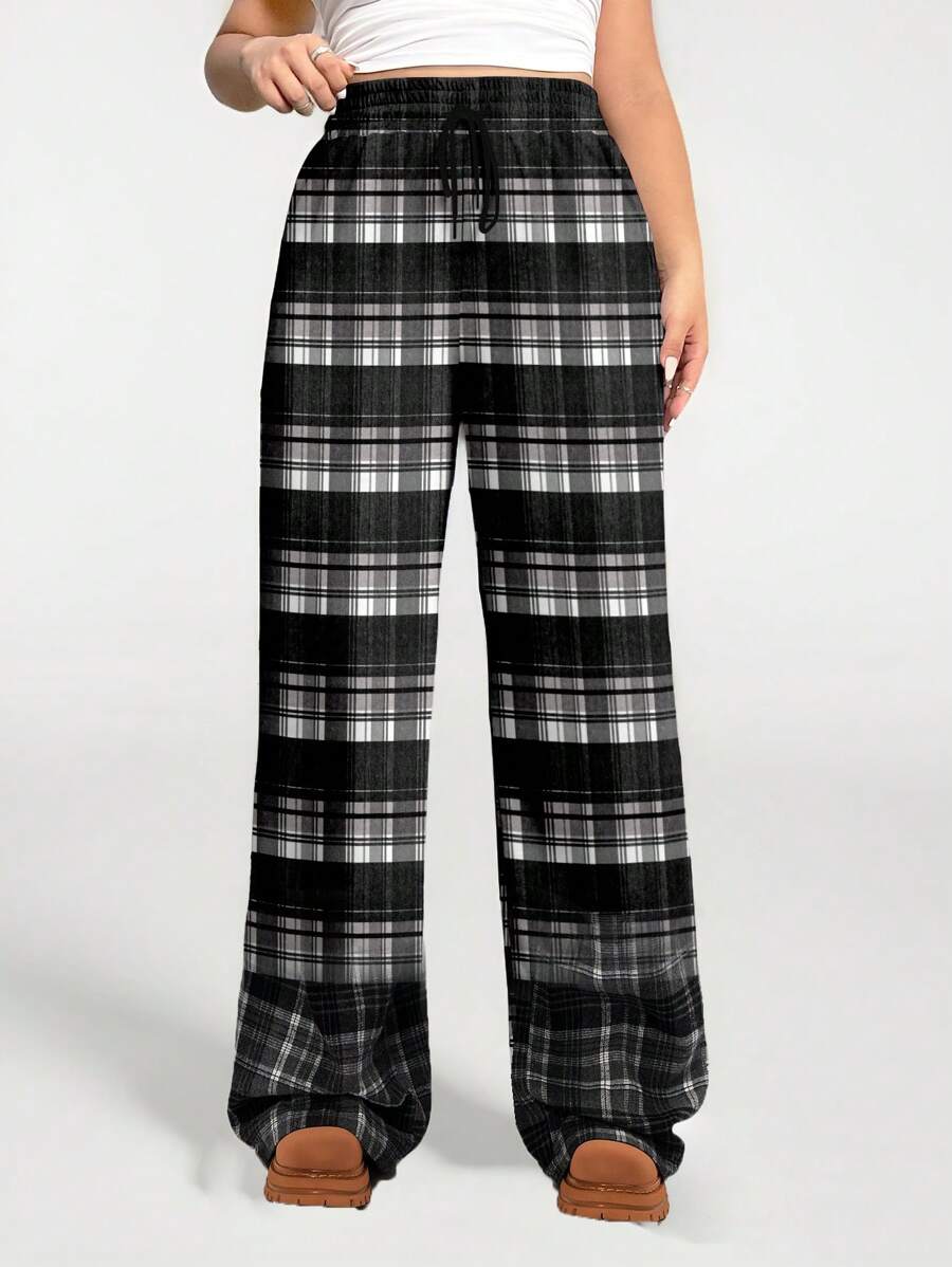 SHEIN EZwear Pantalon ample décontracté, imprimé à carreaux noir et blanc, grande taille, chaud, convenant pour l'automne/l'hiver - Blanc - Voir 1