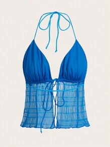 SHEIN ICON Split Hem Tie Backless Mesh Halter Y2k Top - Blue - View 2