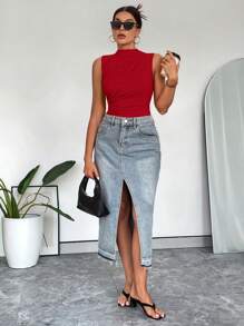 SHEIN Essnce Women's Summer Casual Stand Collar Pleated Sleeveless Bodysuit - Rose Red - View 6