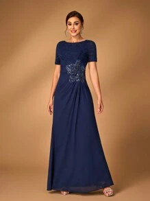 SHEIN Belle Elegant And Noble Navy Blue Sequined Lace Splicing Chiffon Fabric, Mid-Length Sleeves, Gathered, Sequined Pearl Three-Dimensional Appliques, Waist Section, Gathered, A-Line Hem, Wedding Event Occasion, Party, Formal Mother Of The Bride Dress, Evening Dress - Navy Blue - View 7