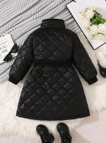 SHEIN 年轻女孩温暖舒适的菱形绗缝加垫立领黑色中长款派克大衣，秋冬款 - 黑色 - 查看 2
