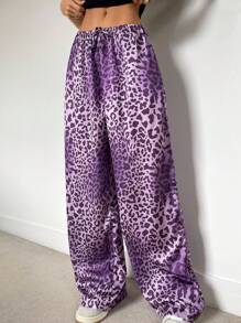 SHEIN Essnce Women Satin Leopard Print Low Waist Wide Leg Pants, Pajama Style Satin Pants, Pink Purple Leopard,Leopard Costume - Multicolor - View 4