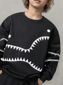 2pcs Tween Boy Funny Shark Teeth Print Hooded Sweatshirt And Print Sweatpants Set, Autumn/Winter - Black - View 5