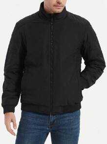 Manfinity Homme Abrigo acolchado casual de unicolor con cuello alto para hombres, abrigo de invierno cálido de peluche negro para el invierno