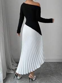 Selianne Elegantes Farbblock Kleid mit Rüschenbesatz am Saum, asymmetrisch, Maxikleid für Frühling/Herbst - Schwarz - Übersicht 2