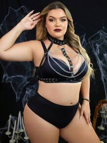Plus Size Bold & Avant-Garde Chain Decor Leather Lingerie