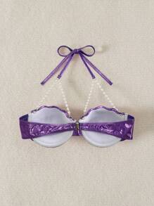 SHEIN Swim Shell Padded Halter Neck Bikini Top Summer - Purple - View 4