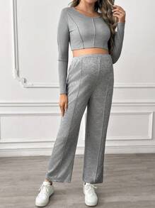 SHEIN 2pcs Pregnant Women Spring/Autumn Plain Long Sleeve Top And Pants Set, For Maternity - Grey - View 6