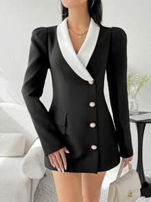 Modelyn Women's Colorblock Puff Sleeve Stand Collar Elegant Blazer Jacket, Spring/Autumn - Black and White - View 3