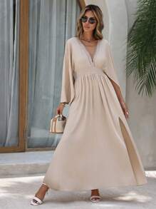 RueChic Lace Trim Detailed Kimono Shape Boho Dress - Beige - View 1