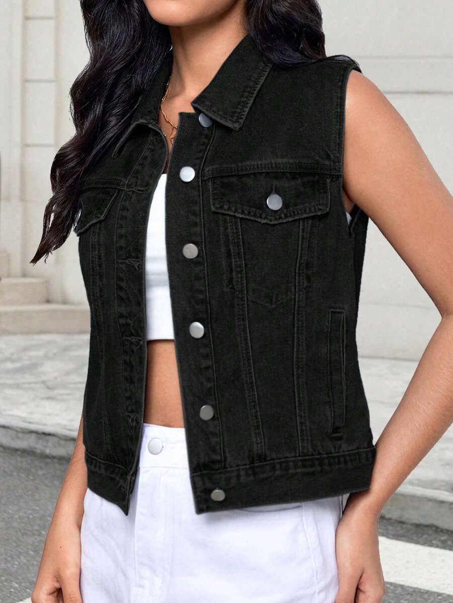 SHEIN Essnce Áo khoác denim không tay túi nút phía trước màu trơn dành cho nữ - màu đen - Xem 1