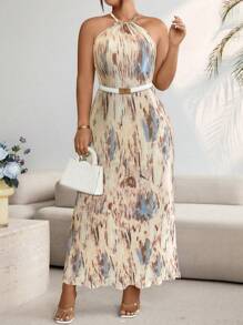 SHEIN Clasi Plus Size Elegant Tie-Dye Dress With Halter Neckline Women Outfit, For Summer - Apricot - View 2