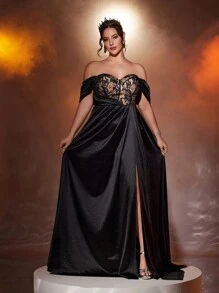 Glamrae 加大码黑色蕾丝拼接弹力缎面露肩高开衩扭结性感透明罂粟花风格正式礼服，优雅舞会晚礼服，适合婚礼宾客、毕业典礼、晚宴派对礼服 - 黑色 - 查看 6