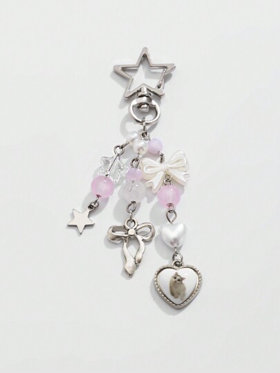 Kawaii 1 pezzo Grazioso portachiavi con ciondolo a forma di gatto con fiocco, stella di cristallo e nappe, adatto come ciondolo per borse, San Valentino
