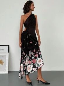 SHEIN Privé Women's Elegant Floral Print Cinched Waist High-Low Dress For Summer - Black - View 5