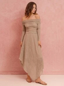 Enchnt Bộ 2 món áo trễ vai thanh lịch và chân váy viền bất đối xứng cho kỳ nghỉ mùa thu lãng mạn, trang phục hai mảnh - Màu Khaki - Xem 3