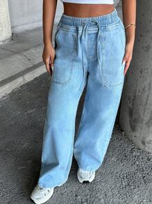 EURMUSE STRAIGHT HIGH ELSTIC WAIST JEANS - Medium Wash - View 5