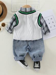 3 件套时尚男婴休闲格子衬衫、仿针织提花背心和长裤套装 - 彩色 - 查看 2