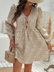 Flirla Plus Size Floral Jacquard Puff Sleeve Casual Vacation Dress