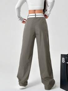 SHEIN EZwear Quần ống đứng cạp bất đối xứng có túi, thường ngày - Màu Xám nhạt - Xem 2