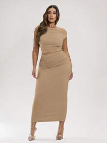 SHEIN BAE 大码女式夏季度假不对称领褶皱弹力上衣和裙子套装 - 卡其色 - 查看 4