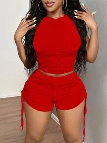 SHEIN SXY Red Festival Outfit Vest Drawstring Shorts Ladies Two Pieces Set - Red - View 5