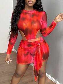 SHEIN SXY Red Vampire Costume Mesh See-Through Ladies Two Pieces Suit - Red - View 1