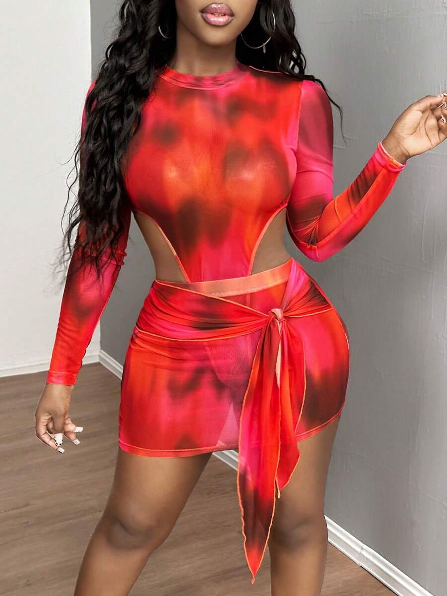 SHEIN SXY Red Vampire Costume Mesh See-Through Ladies Two Pieces Suit - Red - View 1