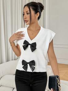 Chiquease Women's Colorblock Bow Decorated Casual Short Sleeve Sweater Vest