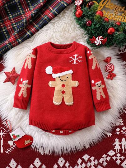 Tutina a maniche lunghe in maglia per neonata, spessa e comoda, adatta per autunno e inverno, rosso, bordeaux, con motivo di Babbo Natale e cappello di Babbo Natale, adatta per le vacanze e il Natale