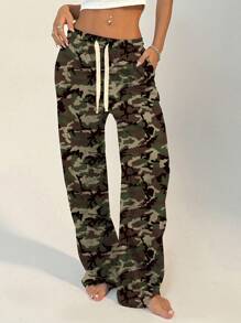 SHEIN Unity Women's Minimalist Casual Camouflage Element Sweatpants - Army Green - View 1